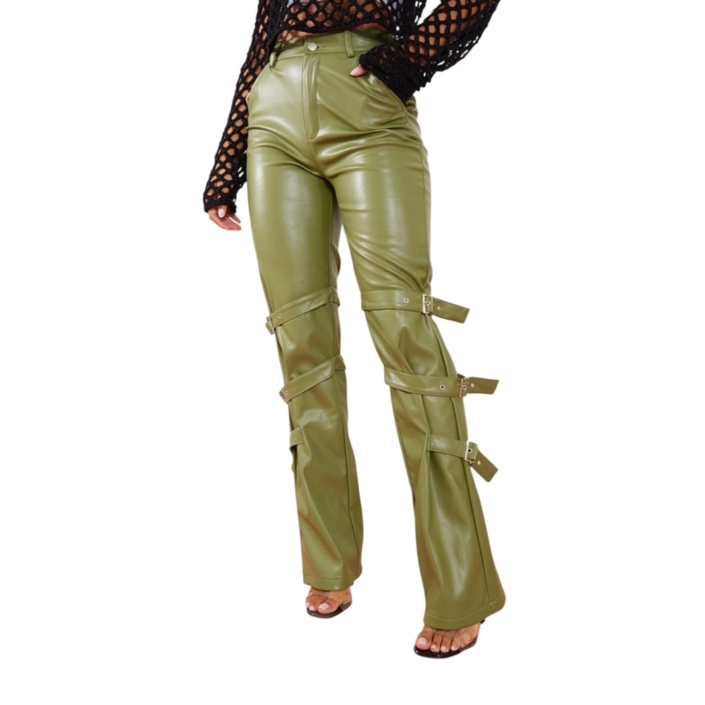 Pretty Little Thing Khaki Faux Leather Buckle Detail Green Pants Size 4 NEW